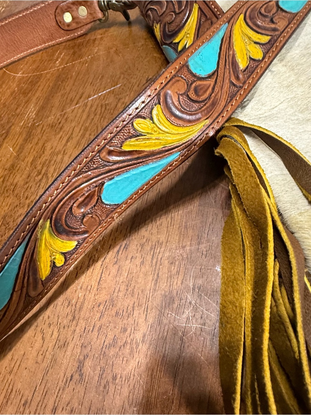 American Darling Cowhide Leather Fringe Crossbody Bag Turquoise Tooled Purse - Picture 4 of 11